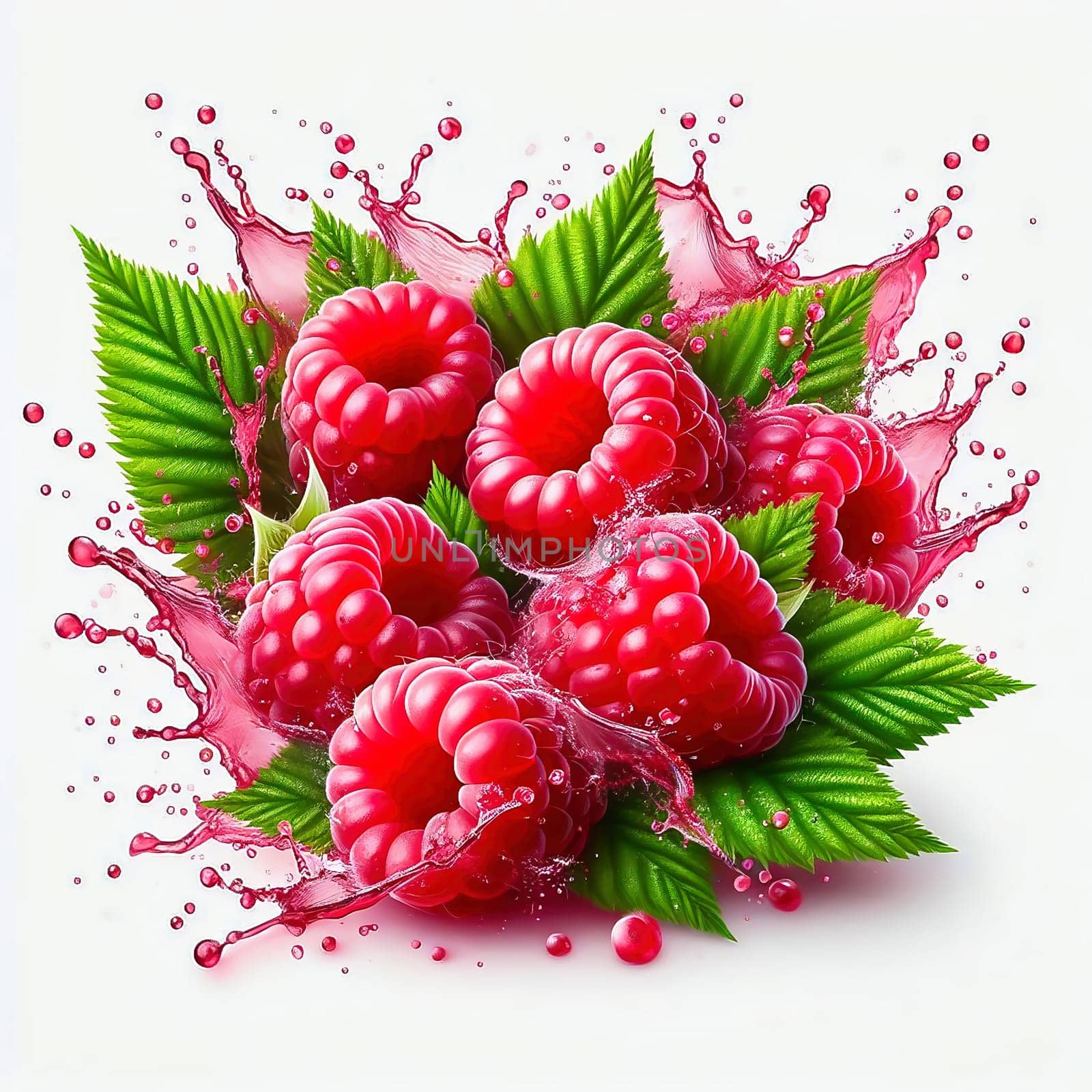 Fresh, juicy raspberries with green leaves, surrounded by splashing drops of water. Perfect for advertising or food marketing, lively, dynamic and appetizing.