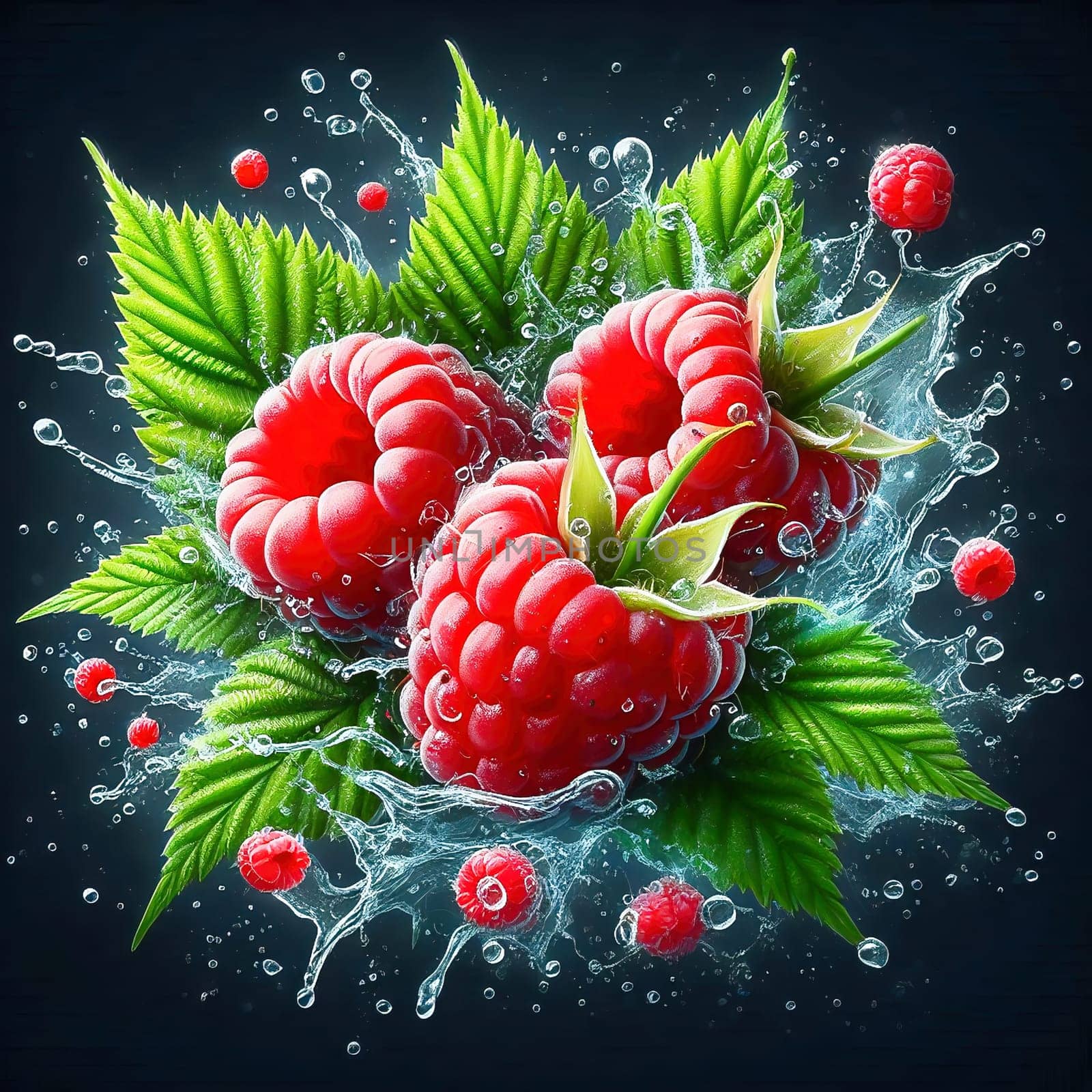 Fresh, juicy raspberries with green leaves, surrounded by splashing drops of water. Perfect for advertising or food marketing, lively, dynamic and appetizing.