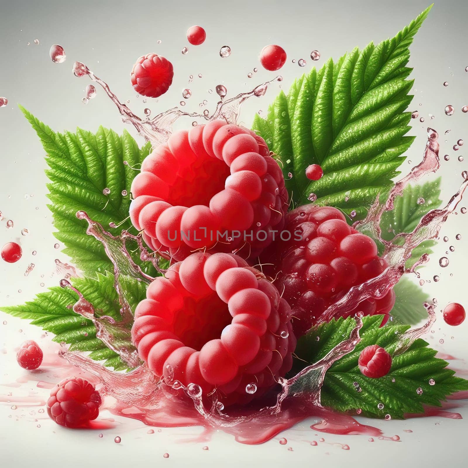 Fresh, juicy raspberries with green leaves, surrounded by splashing drops of water. Perfect for advertising or food marketing, lively, dynamic and appetizing.