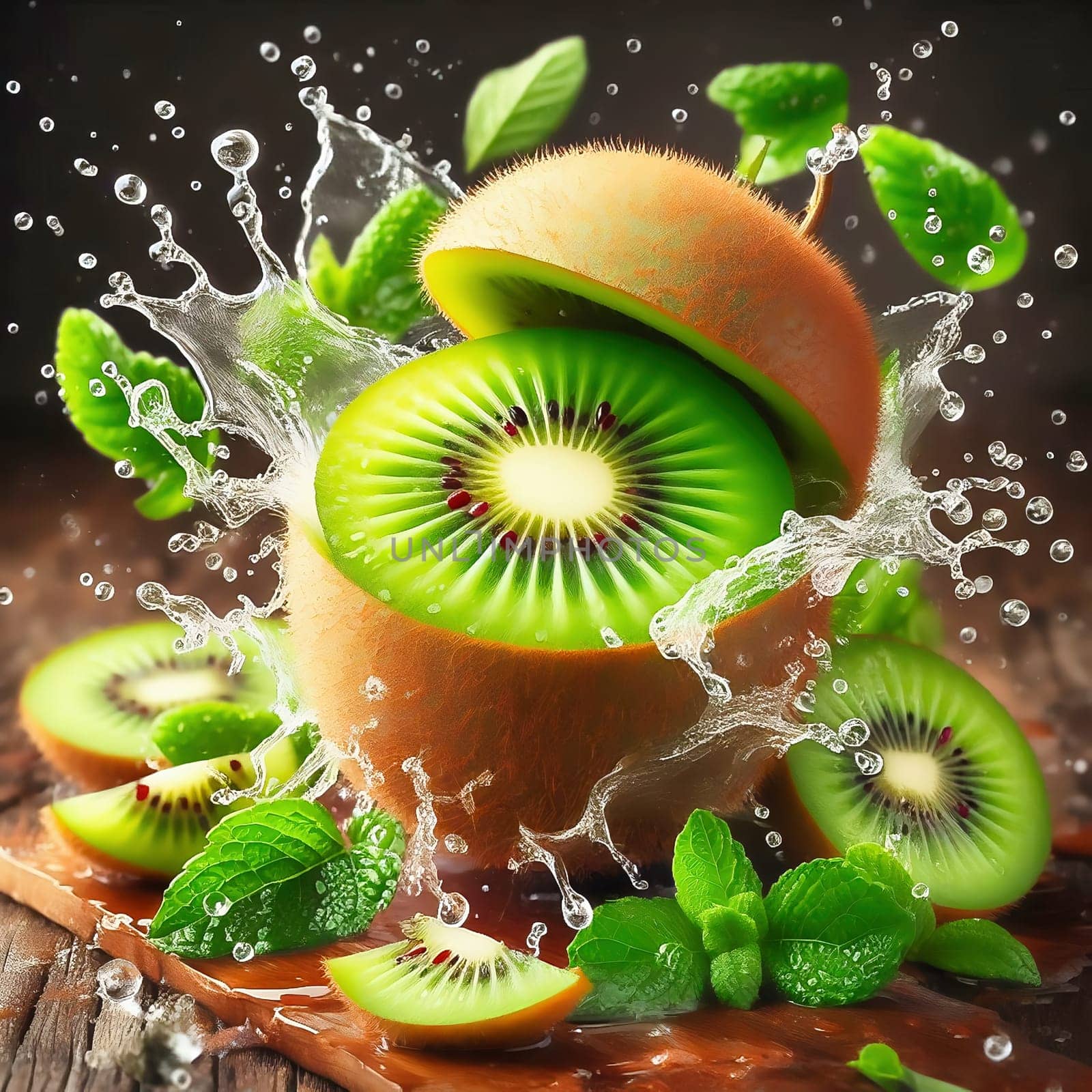 A juicy, green kiwi surrounded by splashing water and leaves. Dynamism and freshness make this image ideal for nature, food or wellness advertising.