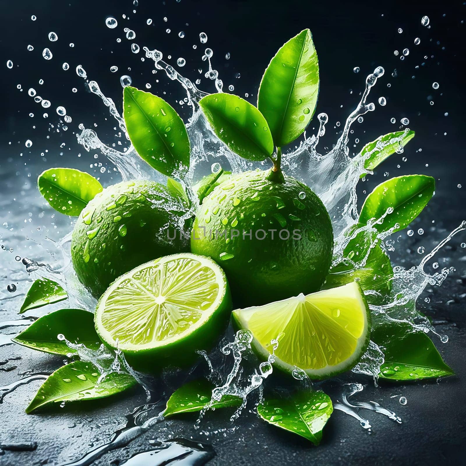 Tangy and fresh! Bright green limes, surrounded by dripping water, with vibrant leaves. Ideal for advertising all about freshness, enjoyment and exoticism.