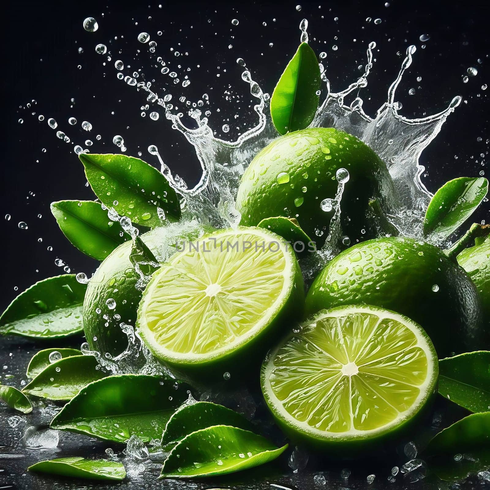 Tangy and fresh! Bright green limes, surrounded by dripping water, with vibrant leaves. Ideal for advertising all about freshness, enjoyment and exoticism.
