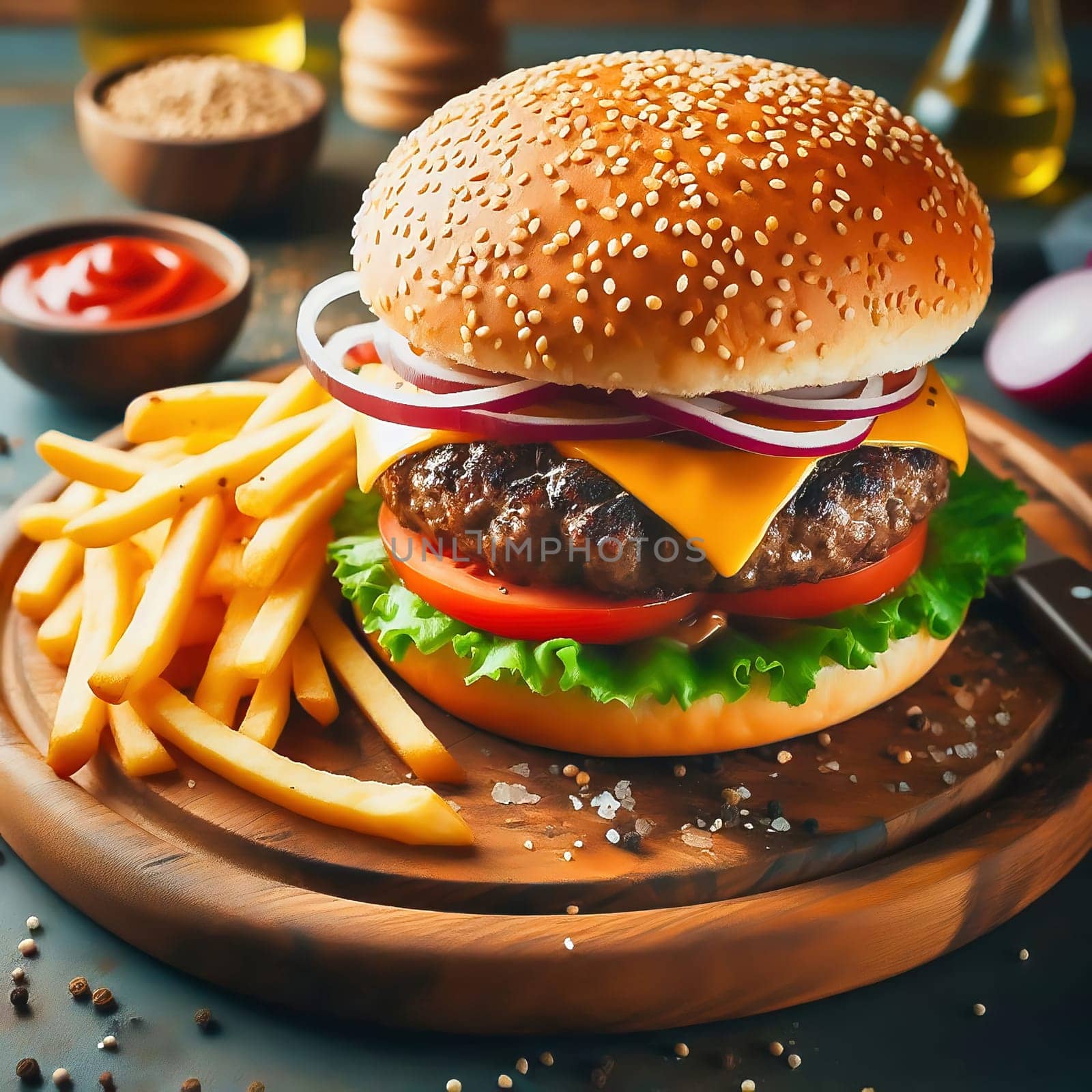 Juicy cheeseburger with crispy lettuce, tomatoes, gherkins and caramelized onions, served with golden fries on a rustic wooden board.