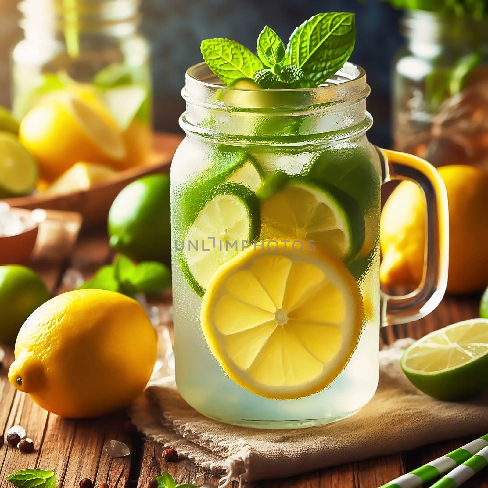 A refreshing glass with lemon and lime slices, mint leaves and a straw, framed by fresh fruit in a sunny garden.