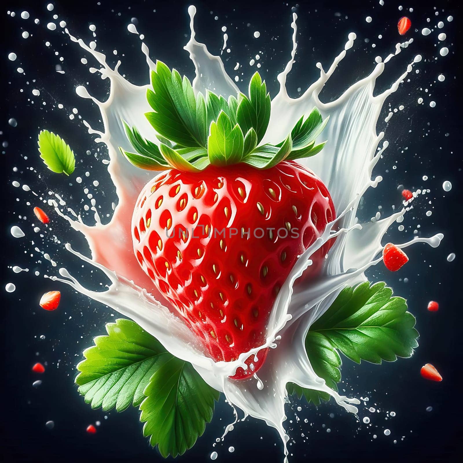 Fresh strawberry with green leaves, surrounded by splashing water. Vivid colors and dynamic movement make the image ideal for advertising and food marketing.