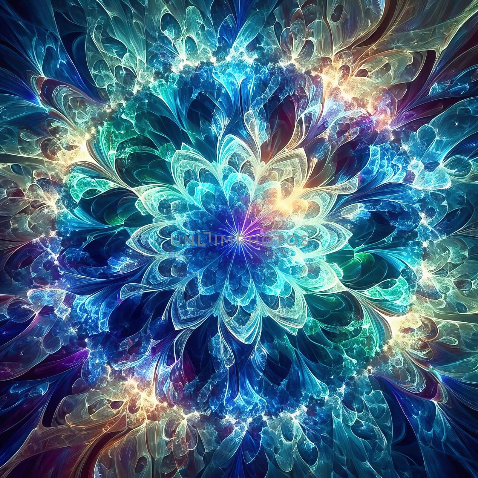 Abstract, colorful fractal art with flowing, wave-like patterns. Bright glass textures in blue, green and orange for modern designs and backgrounds.