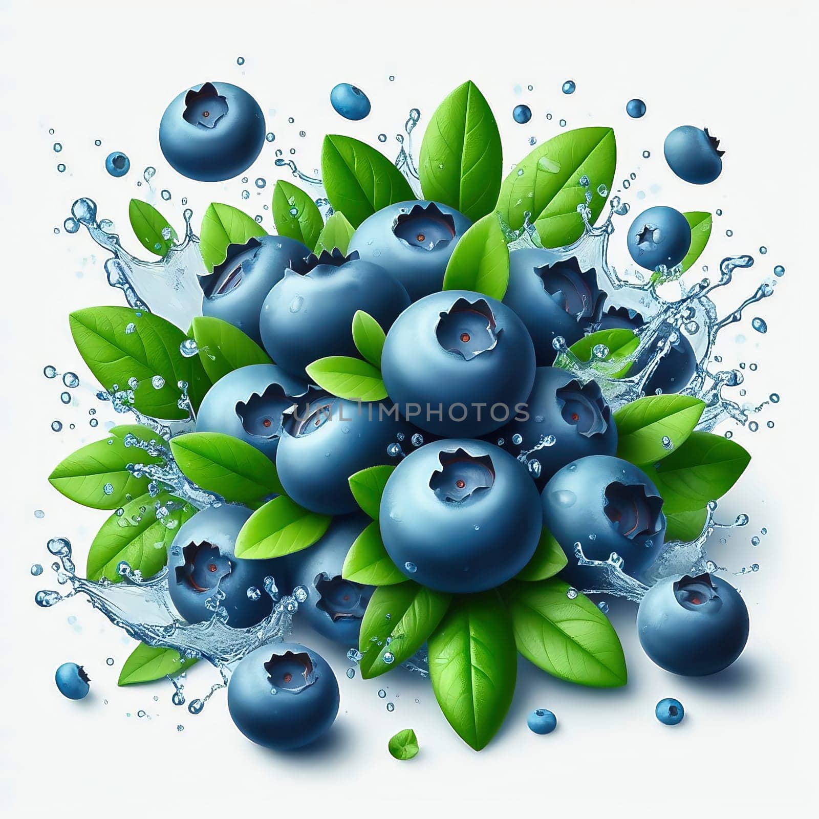 Fresh, blueberries with green leaves and drops of water in dynamic movement, emphasizing the freshness, liveliness and attractiveness of the fruit.