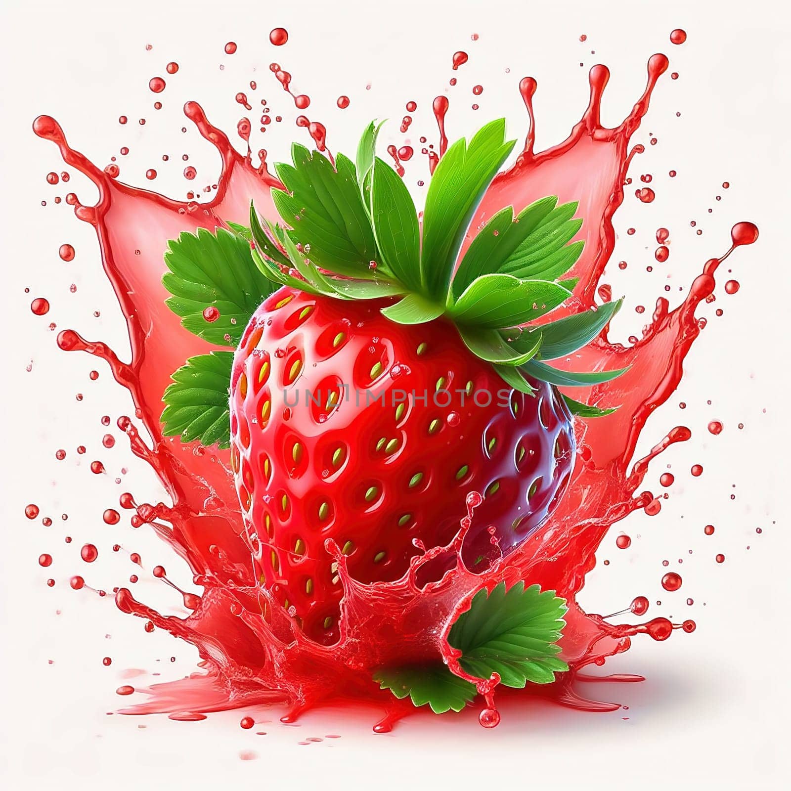 Fresh strawberry with green leaves, surrounded by splashing water. Vivid colors and dynamic movement make the image ideal for advertising and food marketing.