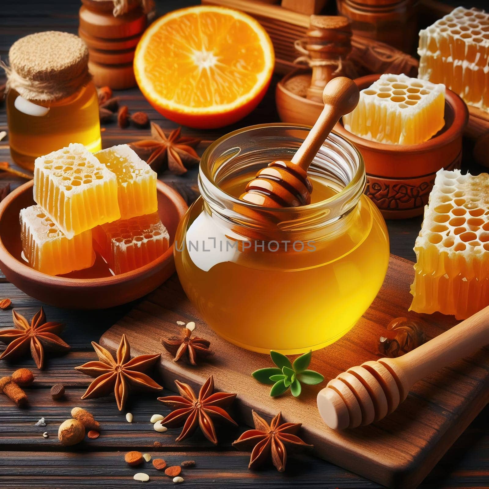 Various honey products, including jars of organic honey, honeycombs and honey spoons, arranged on a rustic wooden table. Perfect for promoting nature!