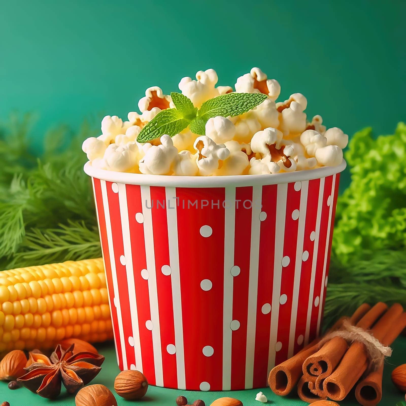 A classic red popcorn tub with white dots, filled to bursting with golden popcorn surrounded by scattered pieces, on a green background. Pure cinema feeling!