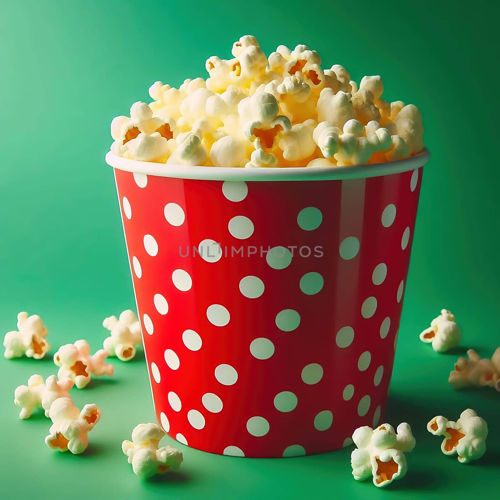 A classic red popcorn tub with white dots, filled to bursting with golden popcorn surrounded by scattered pieces, on a green background. Pure cinema feeling!