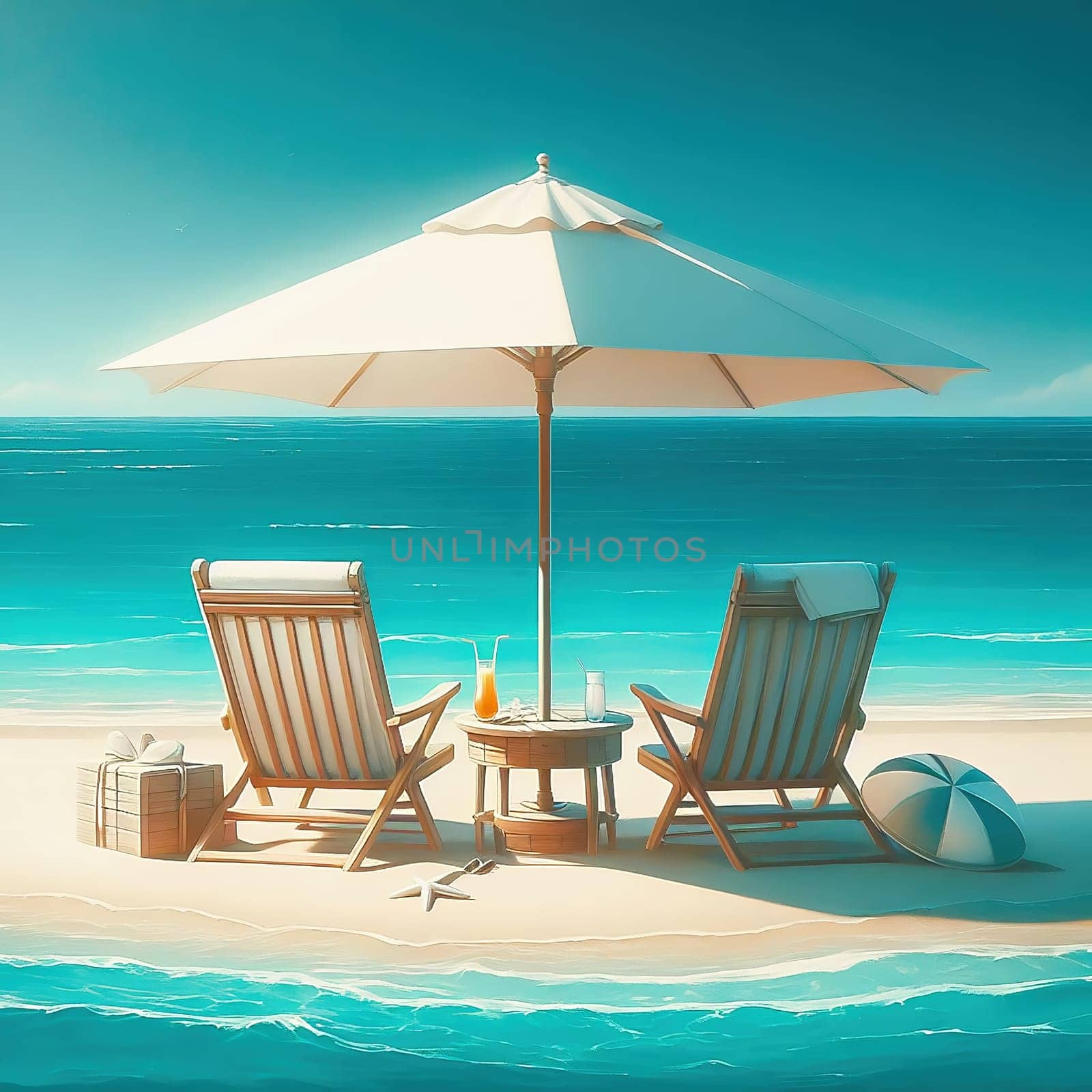 Idyllic beach picture: two deckchairs, parasol, turquoise sea and sand. Perfect for vacation and travel advertising.