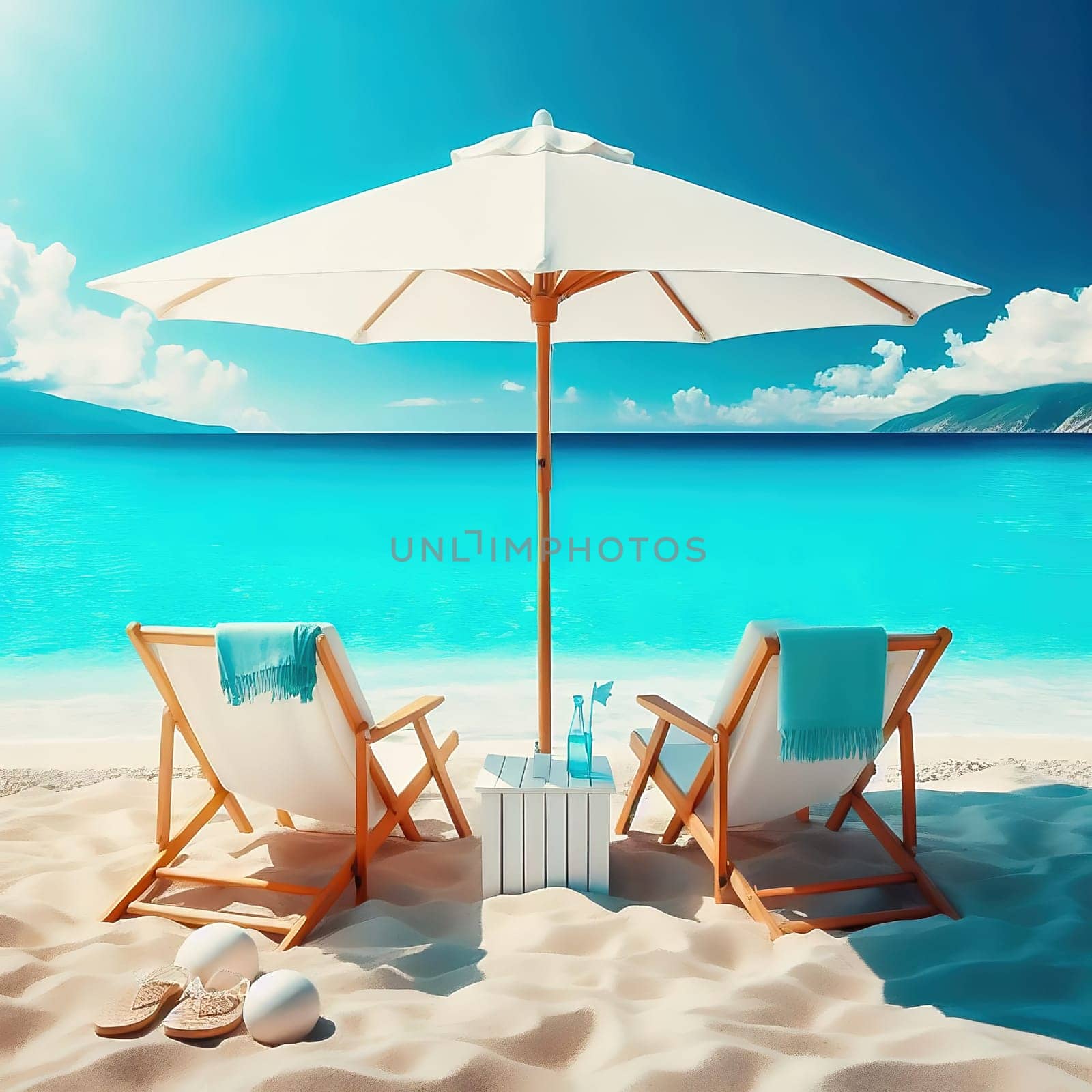 Idyllic beach picture: two deckchairs, parasol, turquoise sea and sand. Perfect for vacation and travel advertising.