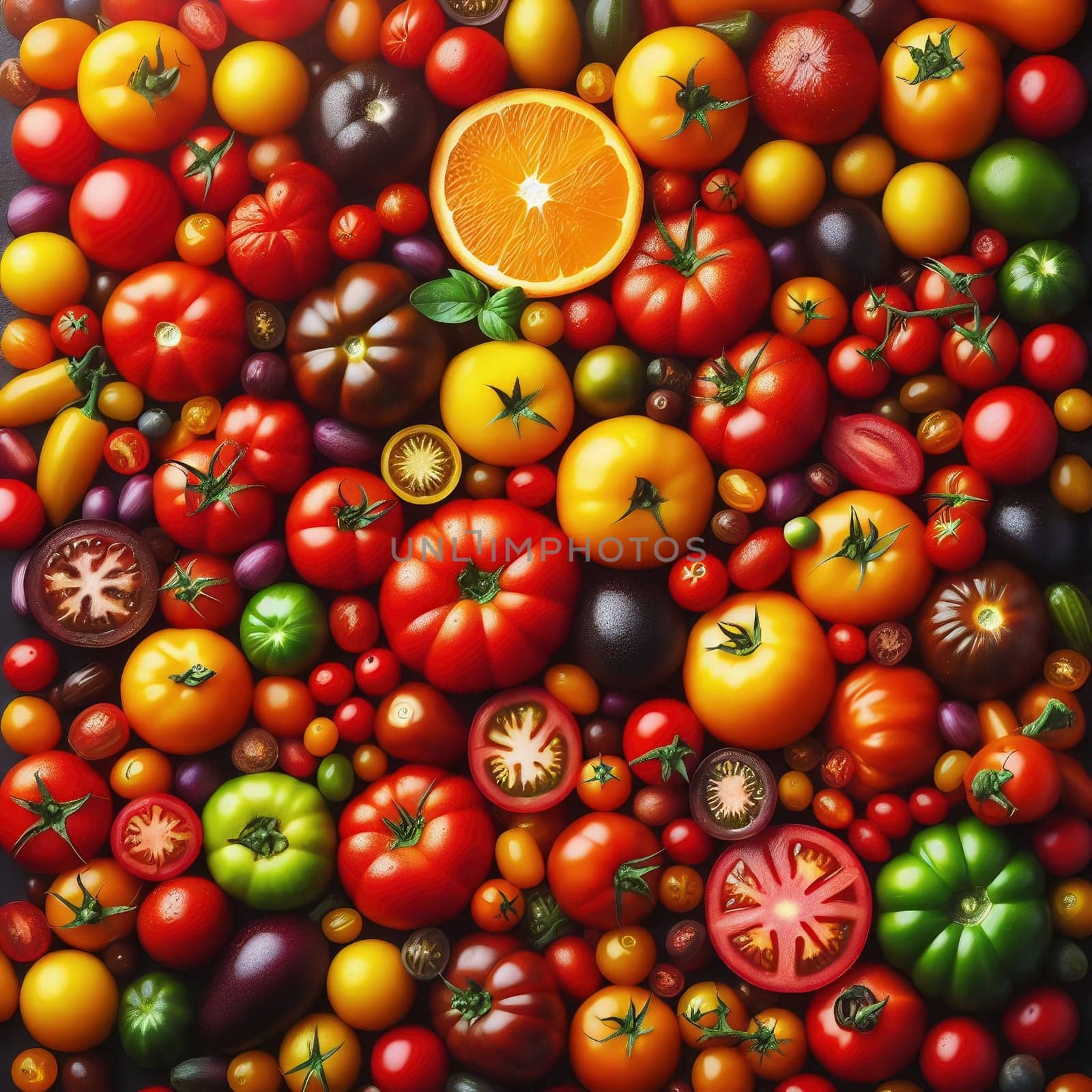 Colorful variety: Tomatoes in different colors and shapes, densely arranged. Perfect for themes such as fresh food, natural products and healthy eating.