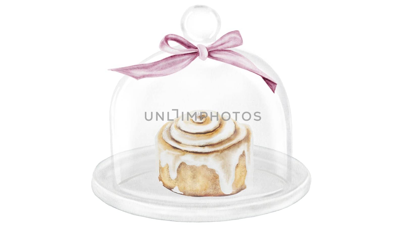 Cinnabon, cinnamon watercolor. Hand drawn cinnamon bun with cream cheese under the cloche. Classic American sweet. Clip art isolated on white background. For coffee shop menu, pastry shop and sweet pastry recipes. High quality illustration