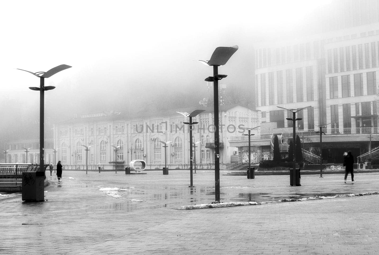 Encased in a dense layer of mist, the waterfront becomes a mysterious and captivating domain. High quality photo