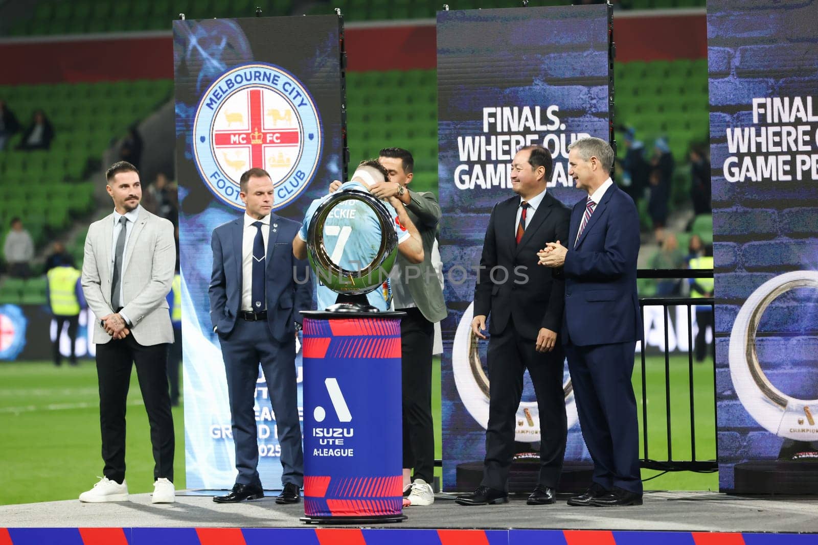 MELBOURNE, AUSTRALIA - MAY 31: Mathew Leckie of Melbourne City receives the Joe Marston medal after winning the A-League Men's Grand Final match between Melbourne City and Melbourne Victory at AAMI Park on May 31, 2025, in Melbourne, Australia. 31 May 2025