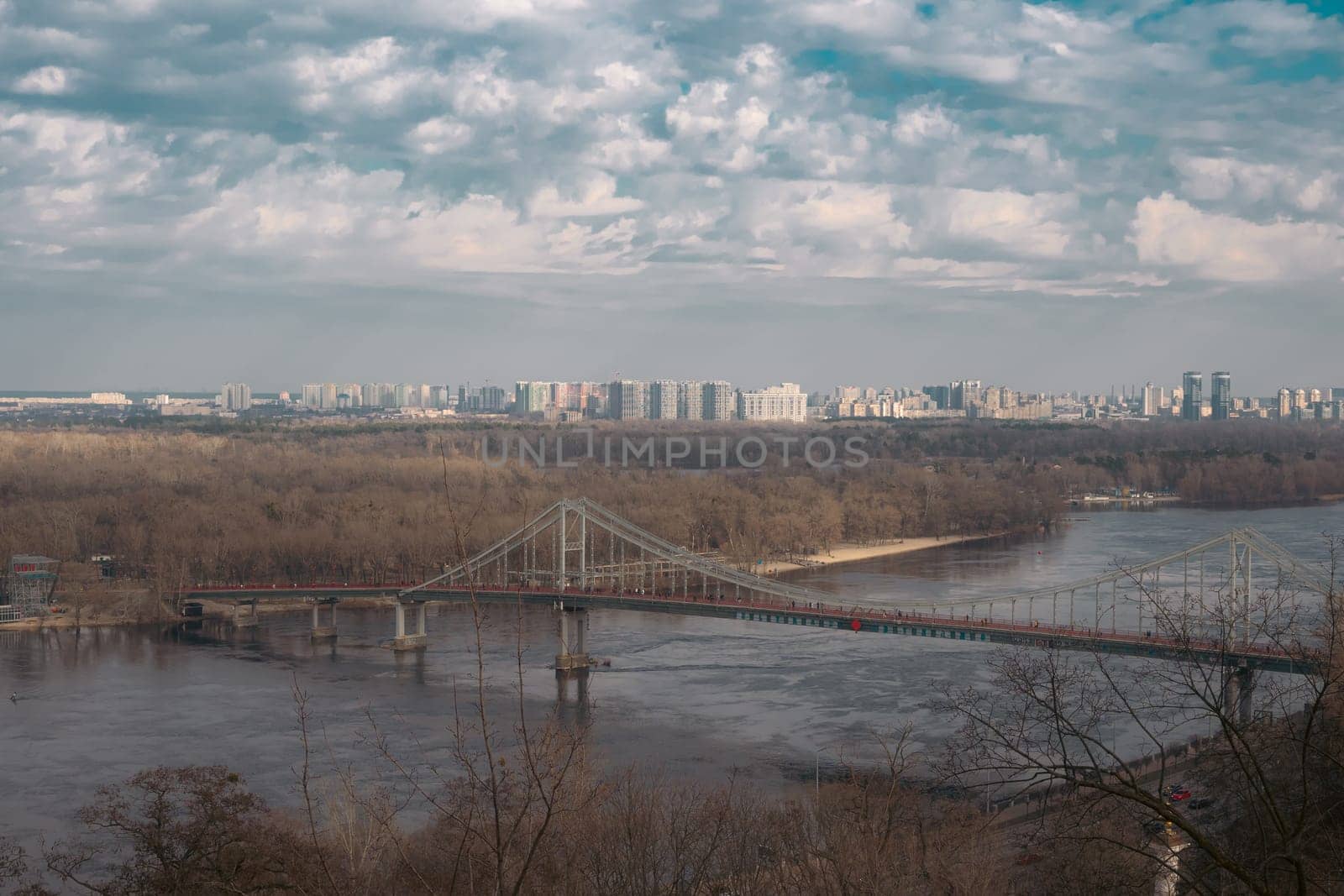 KYIV, UKRAINE Pedestrian bridge over Dnypro river in Kyiv. High quality photo