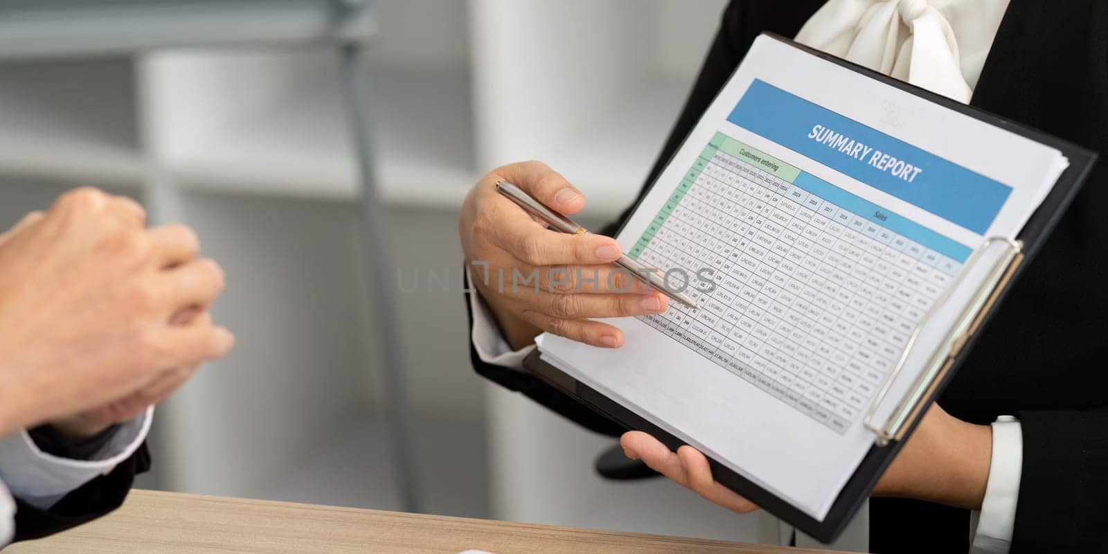 A consultant presenting a summary report with financial data during a business meeting, emphasizing clarity and professionalism.