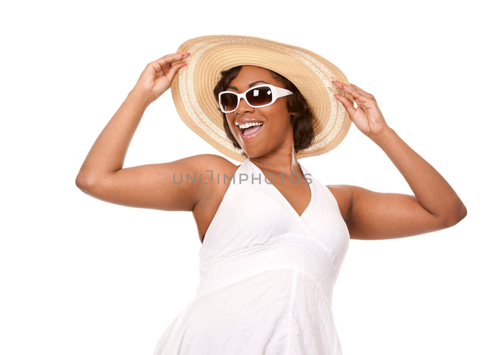 pretty black woman wearing white summer outfit on white background