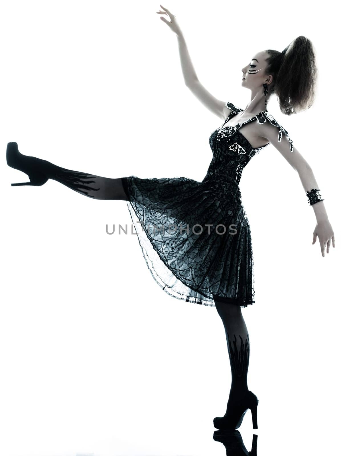 one young beautiful woman fashion model in on aura tout vu silk black fantasy haute couture summer dress in studio white background
