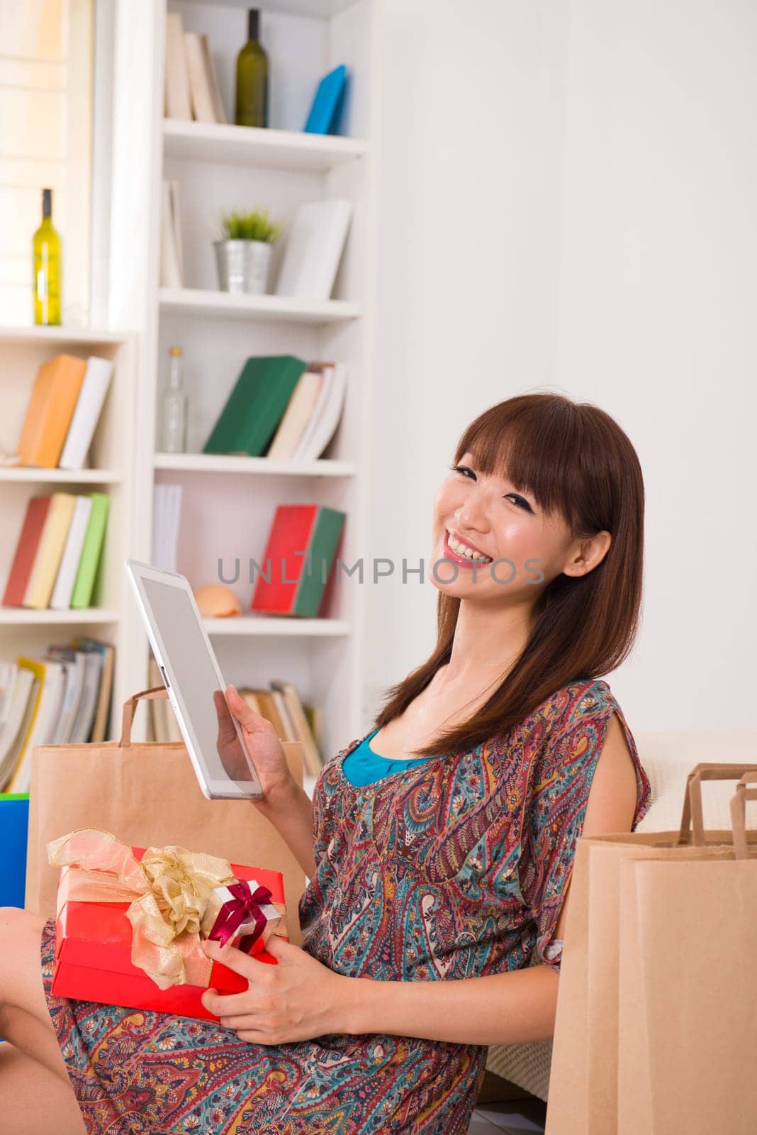 Chinese female online shopping with lifestyle background