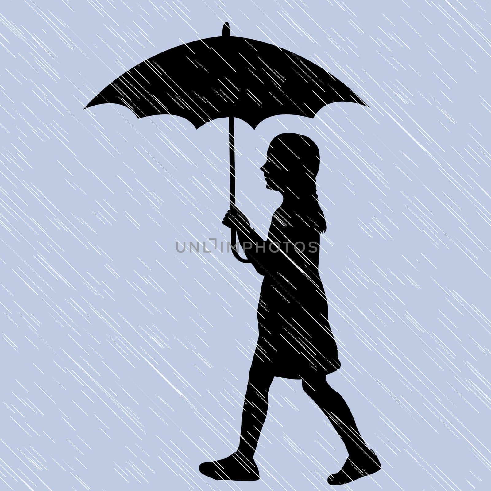 Silhouette of a girl walking through the rain with an umbrella