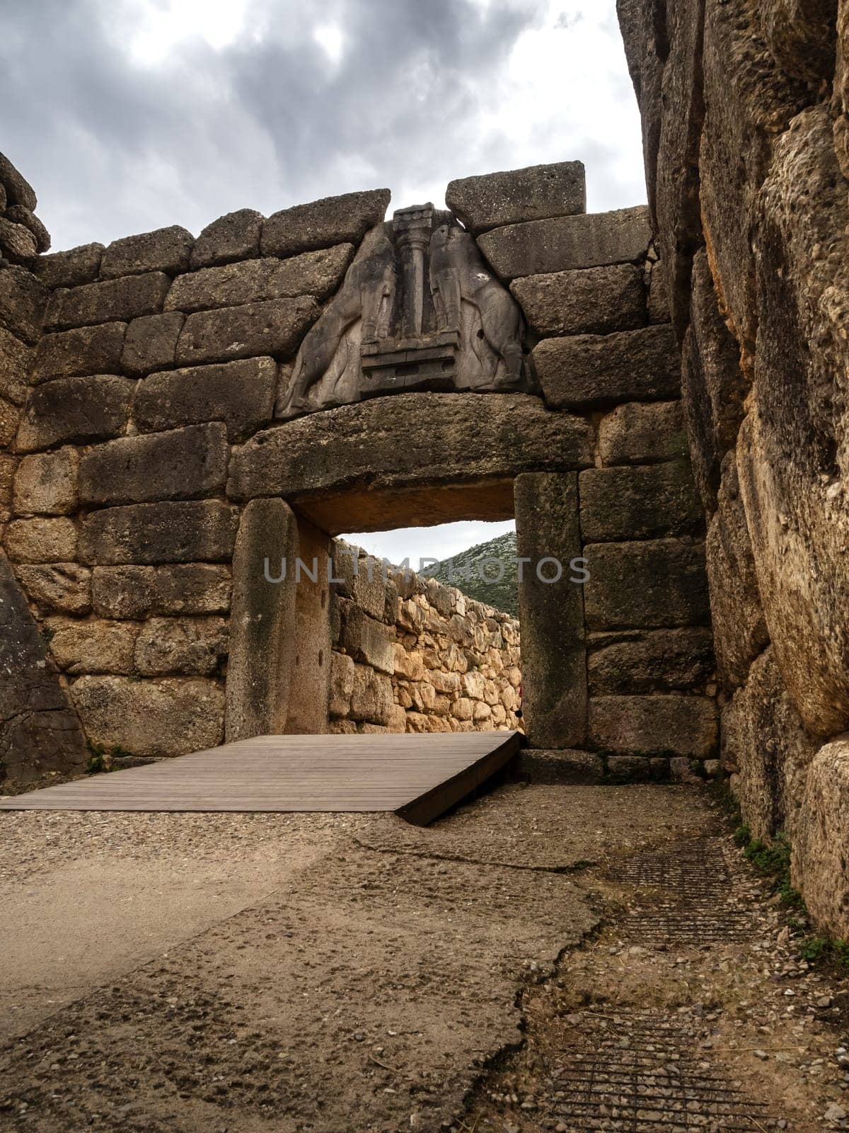 Famous Lion gate in Mycenae, Argolida, Bronze age civilisation monument, Ancient Greece artefact.