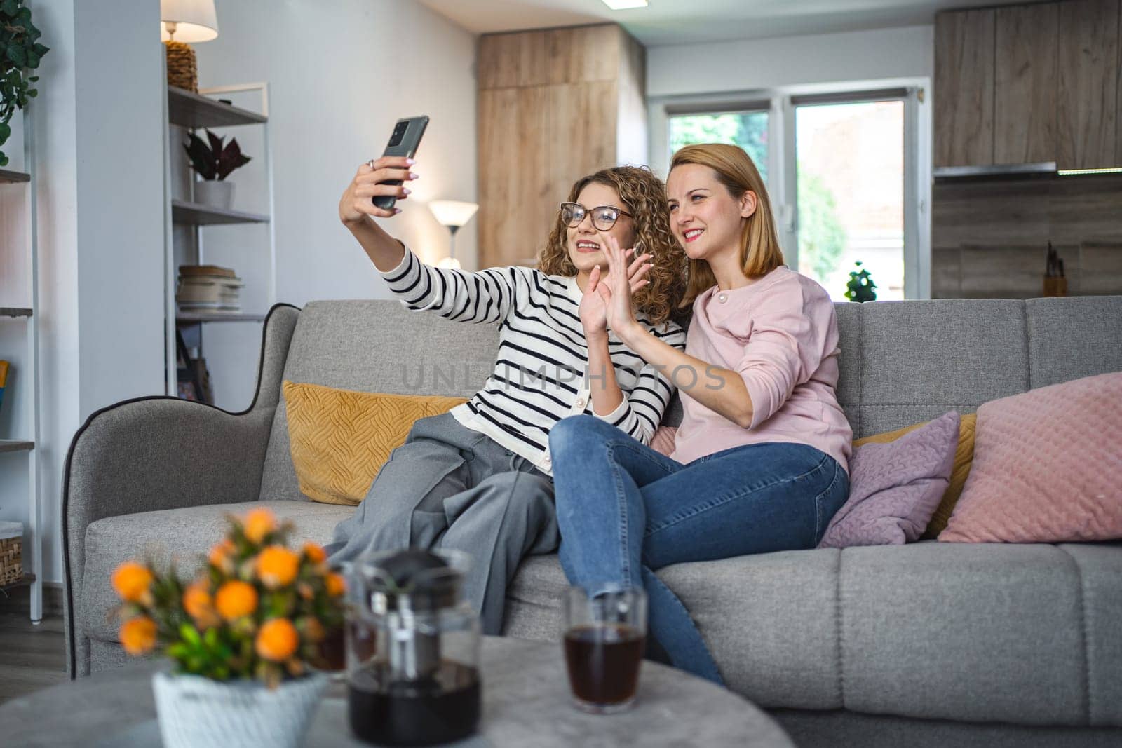 Two female friends are sitting on the couch in the living room and making a video call and sending greetings to the interlocutor.