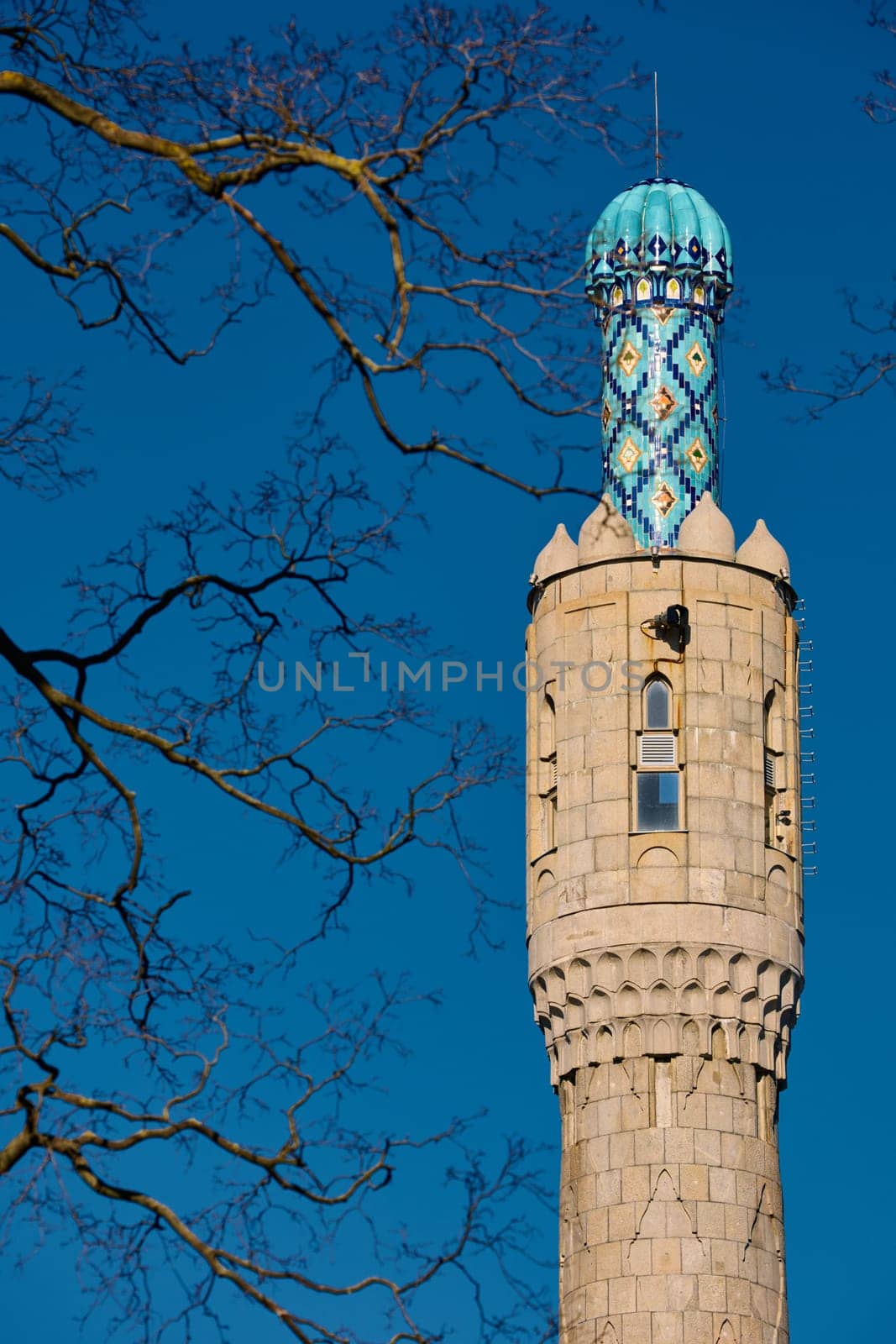 Tower of The blue dome with the golden crescent of the mosque in St.Petersburg - Russia through the branches of trees on a clear spring day. High quality photo