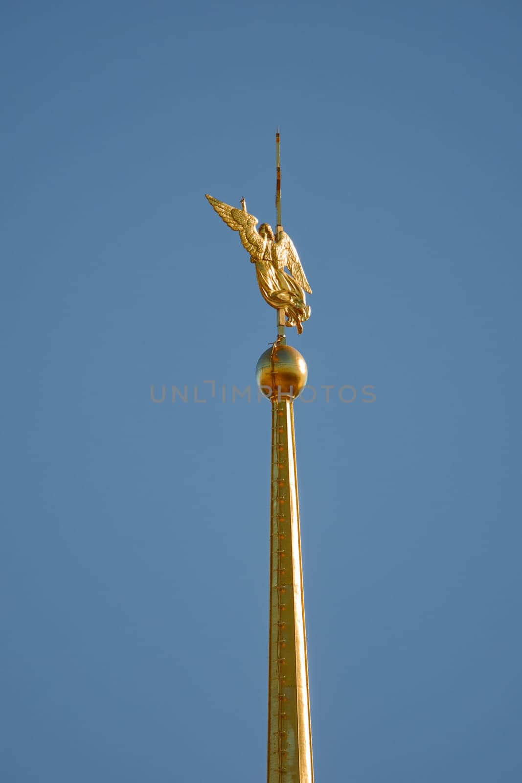 the Peter and Paul Fortress spire at sunset. High quality photo