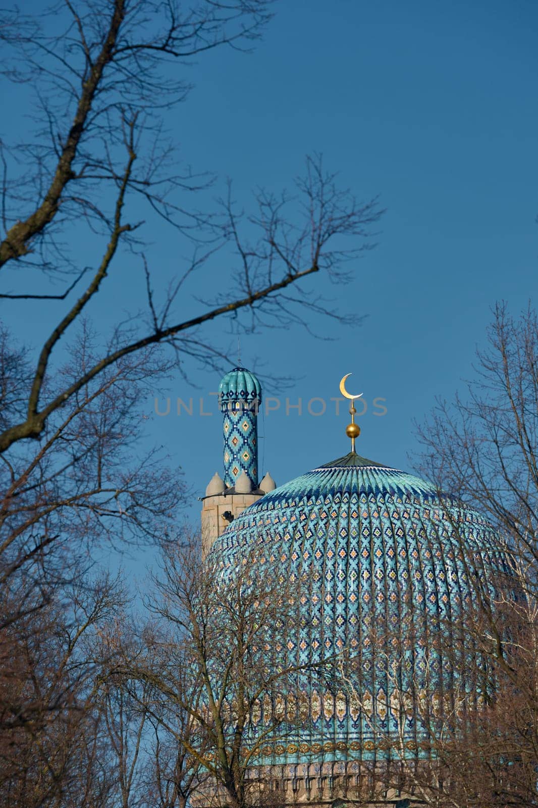 The blue dome with the golden crescent of the mosque in St.Petersburg - Russia through the branches of trees on a clear spring day. High quality photo