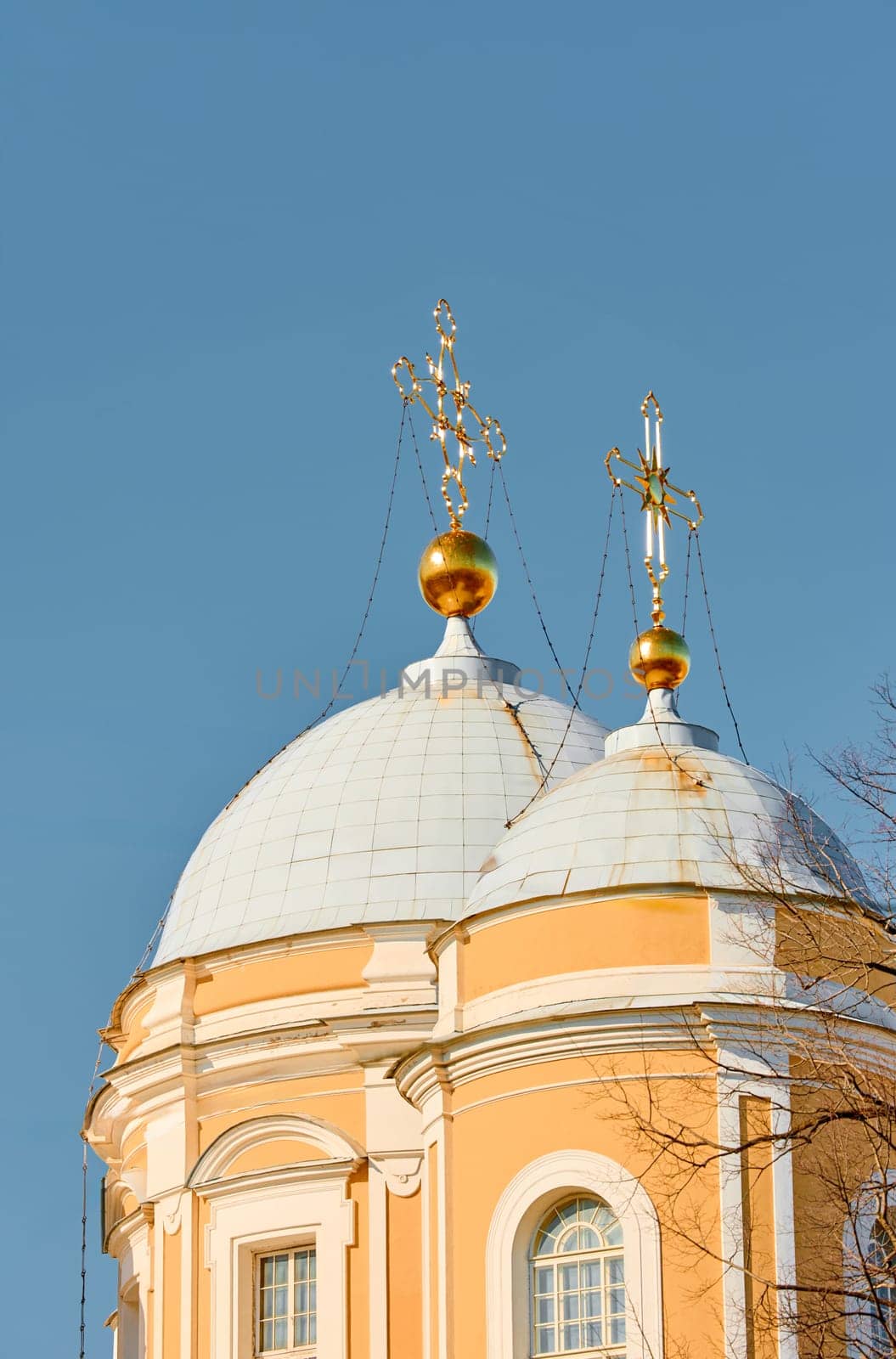 domes with golden crosses of the Prince Vladimir Cathedral on a sunny day. High quality photo