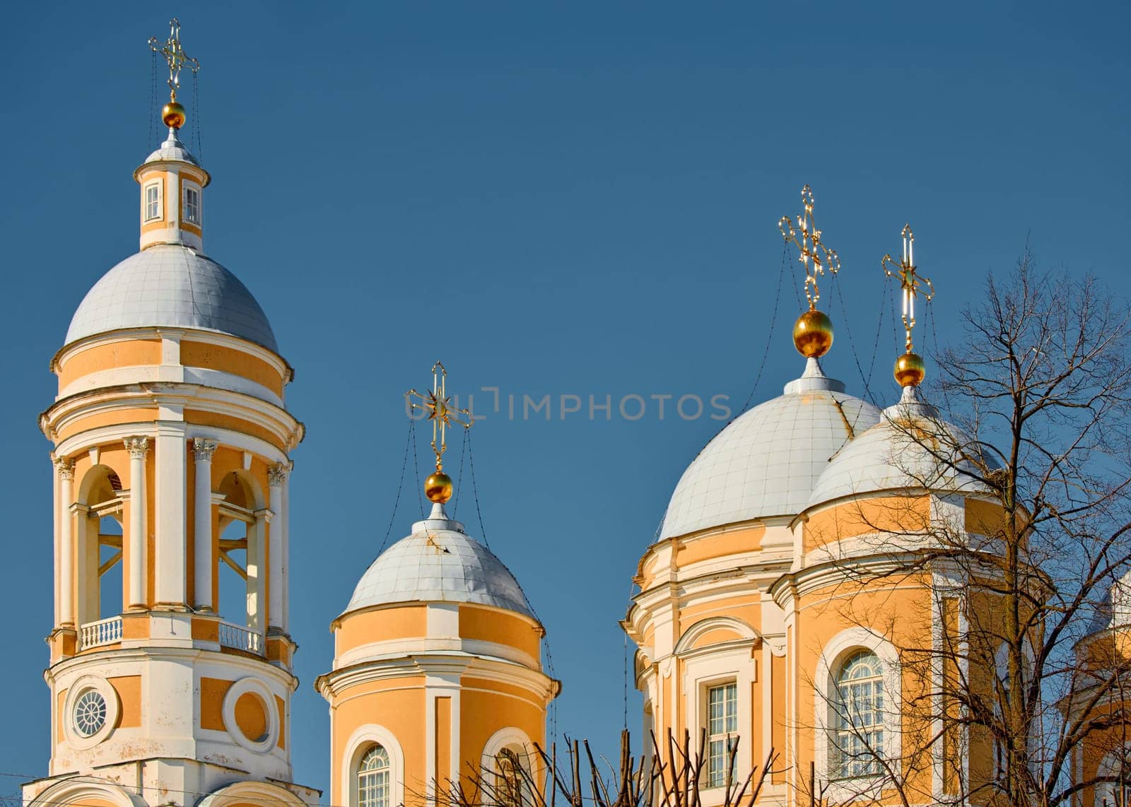 domes with golden crosses of the Prince Vladimir Cathedral on a sunny day. High quality photo