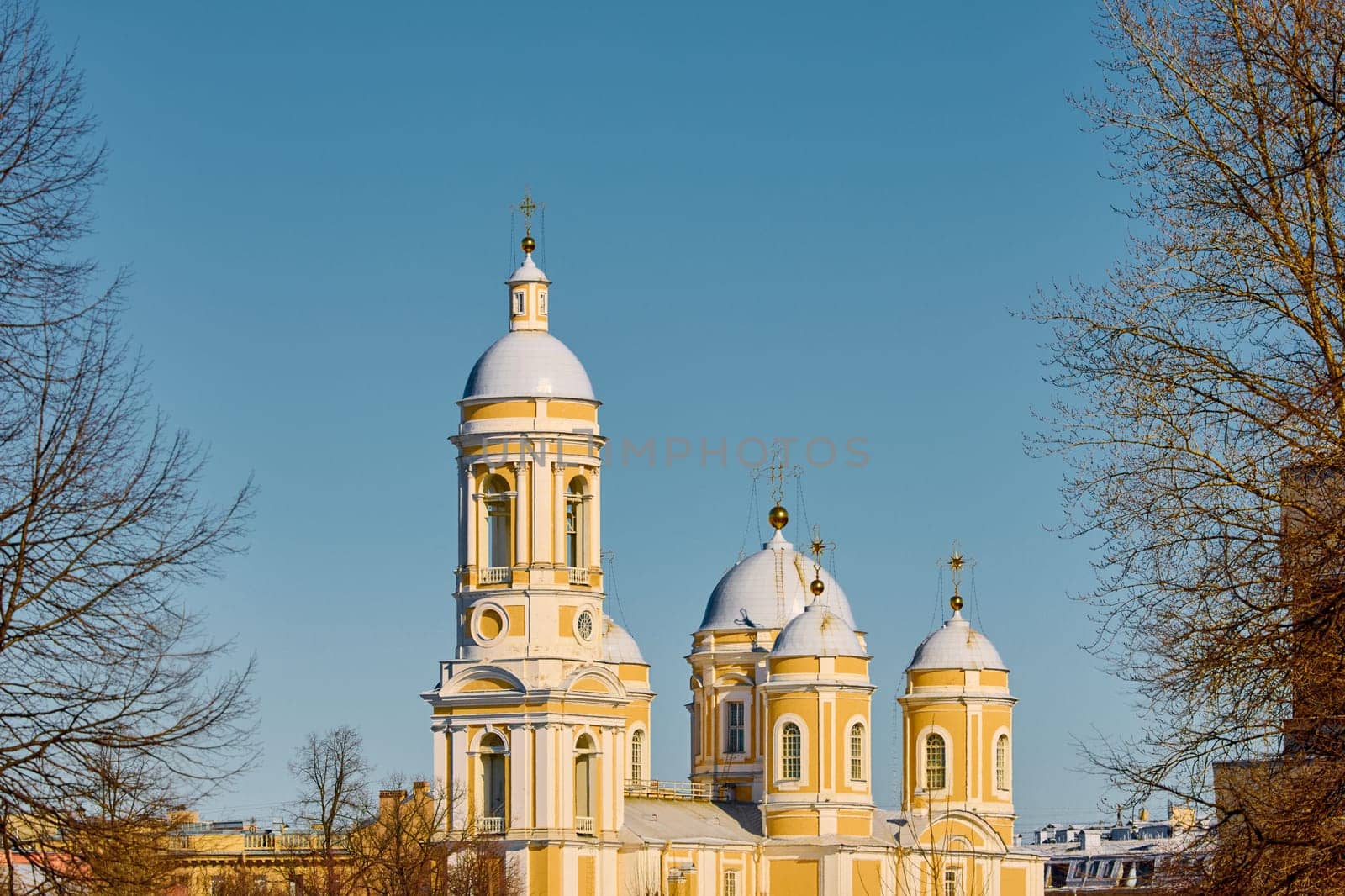 domes with golden crosses of the Prince Vladimir Cathedral on a sunny day. High quality photo