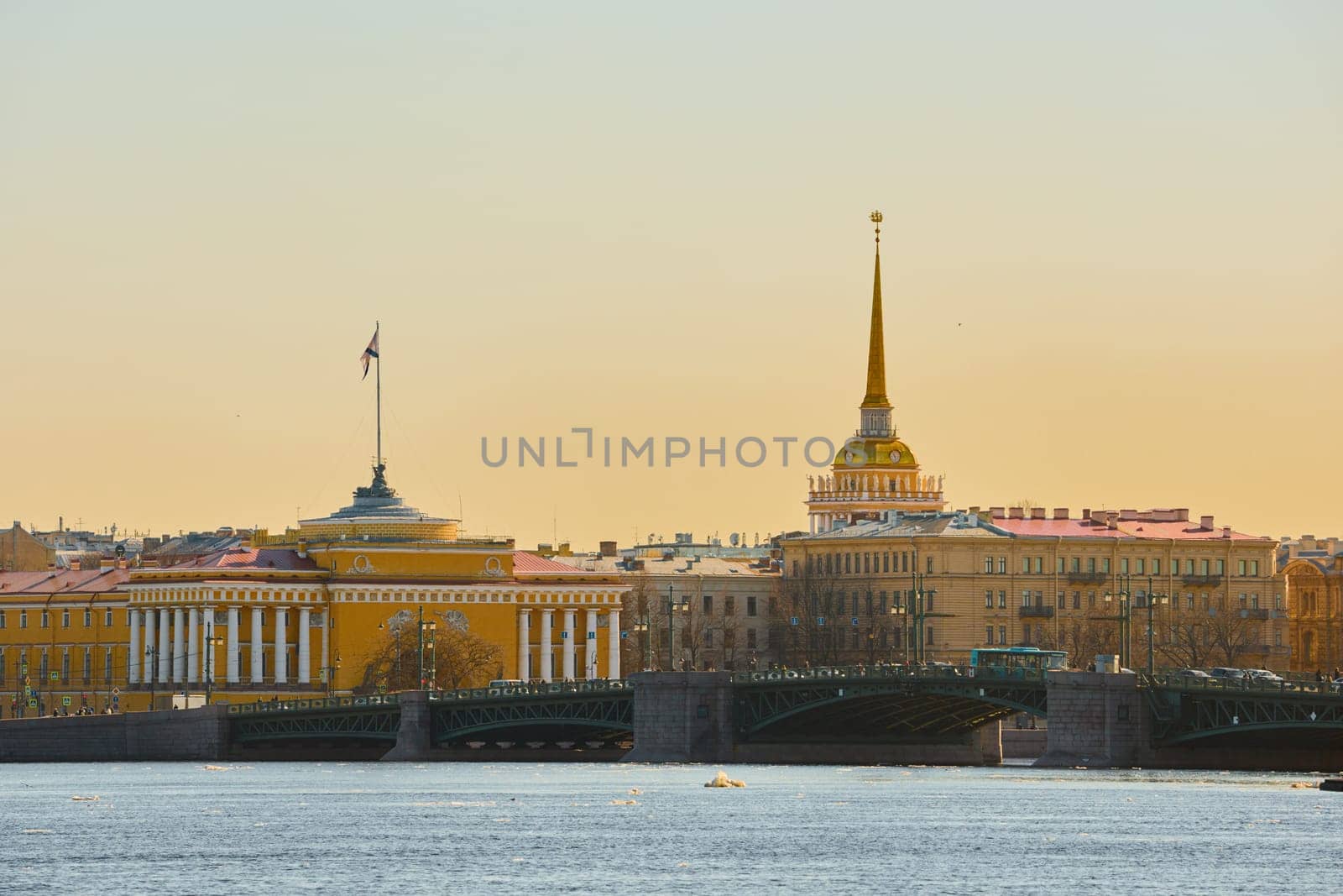 ice drift on the Neva River with a view of Admiralty building, Russia, St.Petersburg. High quality photo