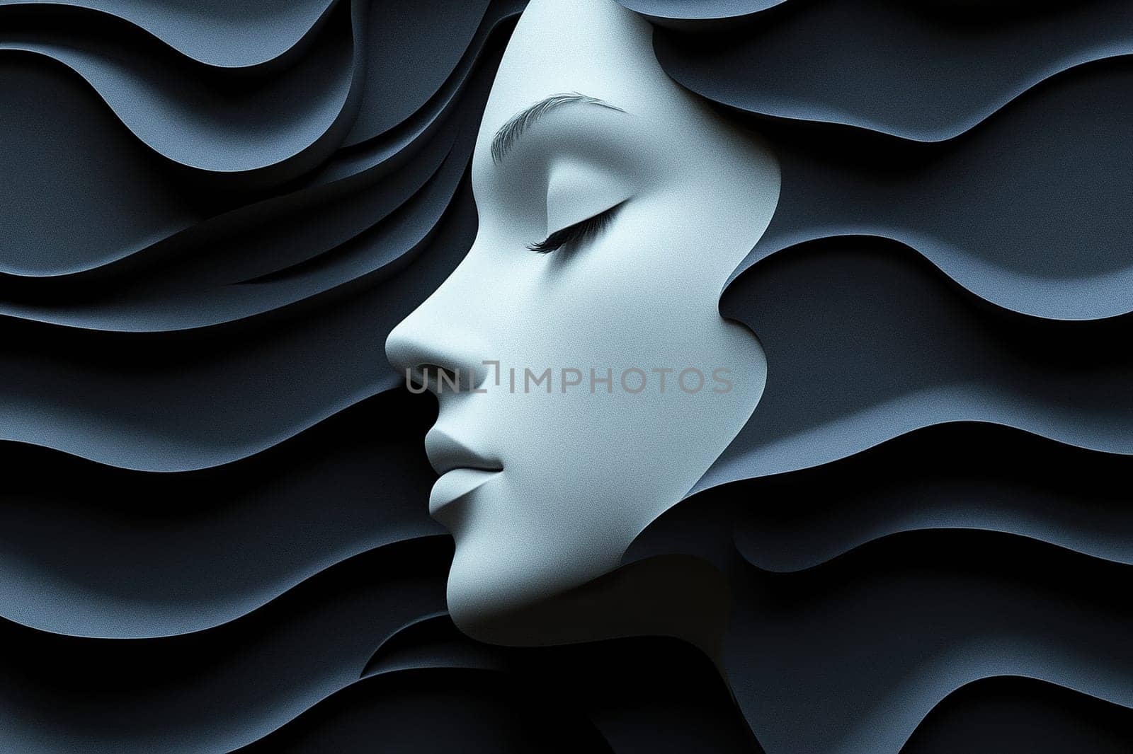 Portrait of a beautiful girl from the side. Artistic design colorful makeup. On a dark wavy background, a woman's face, artistic design.