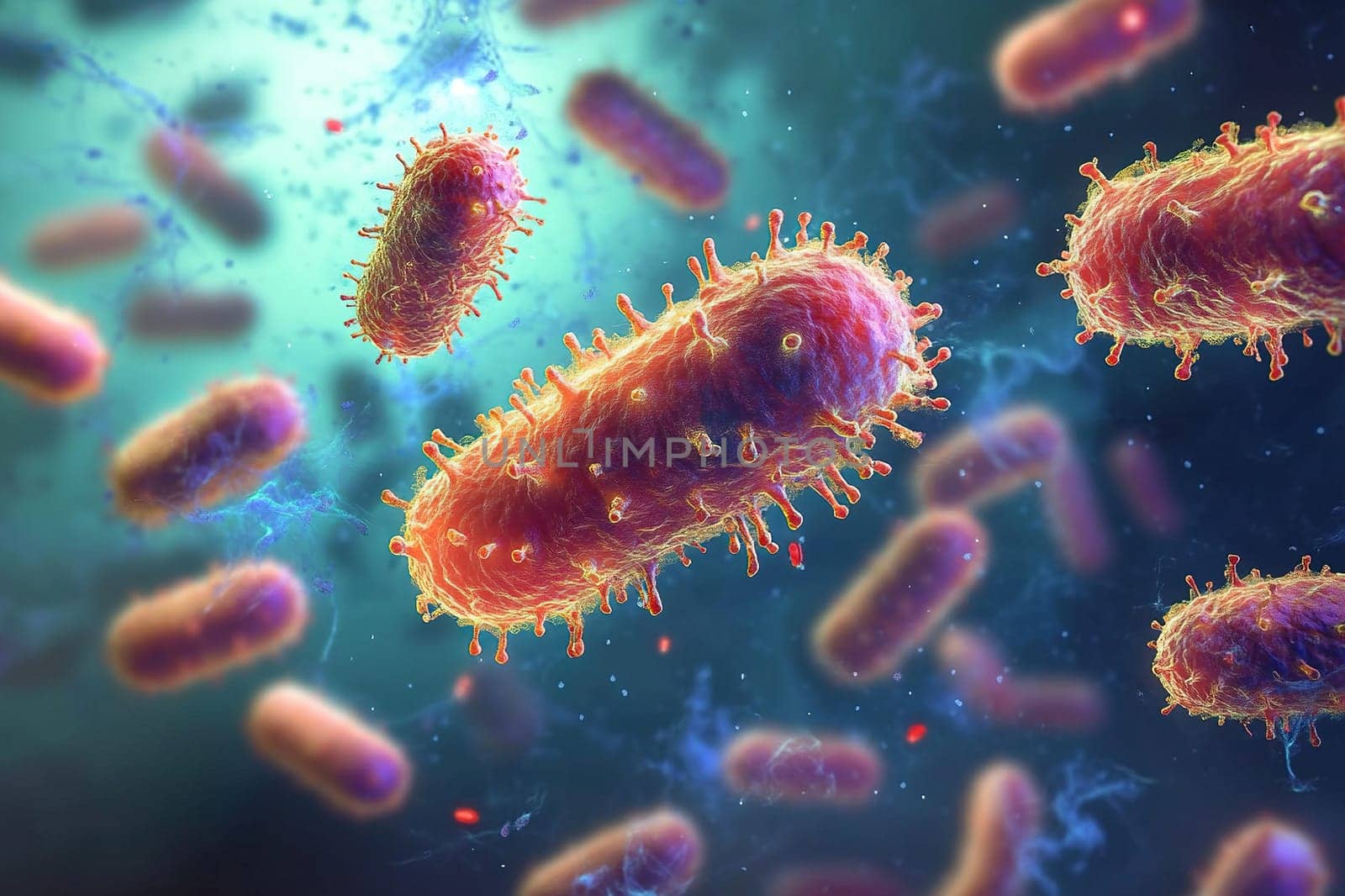 3D image of red blood cells or viruses in the body. The concept of microorganisms inside a person.