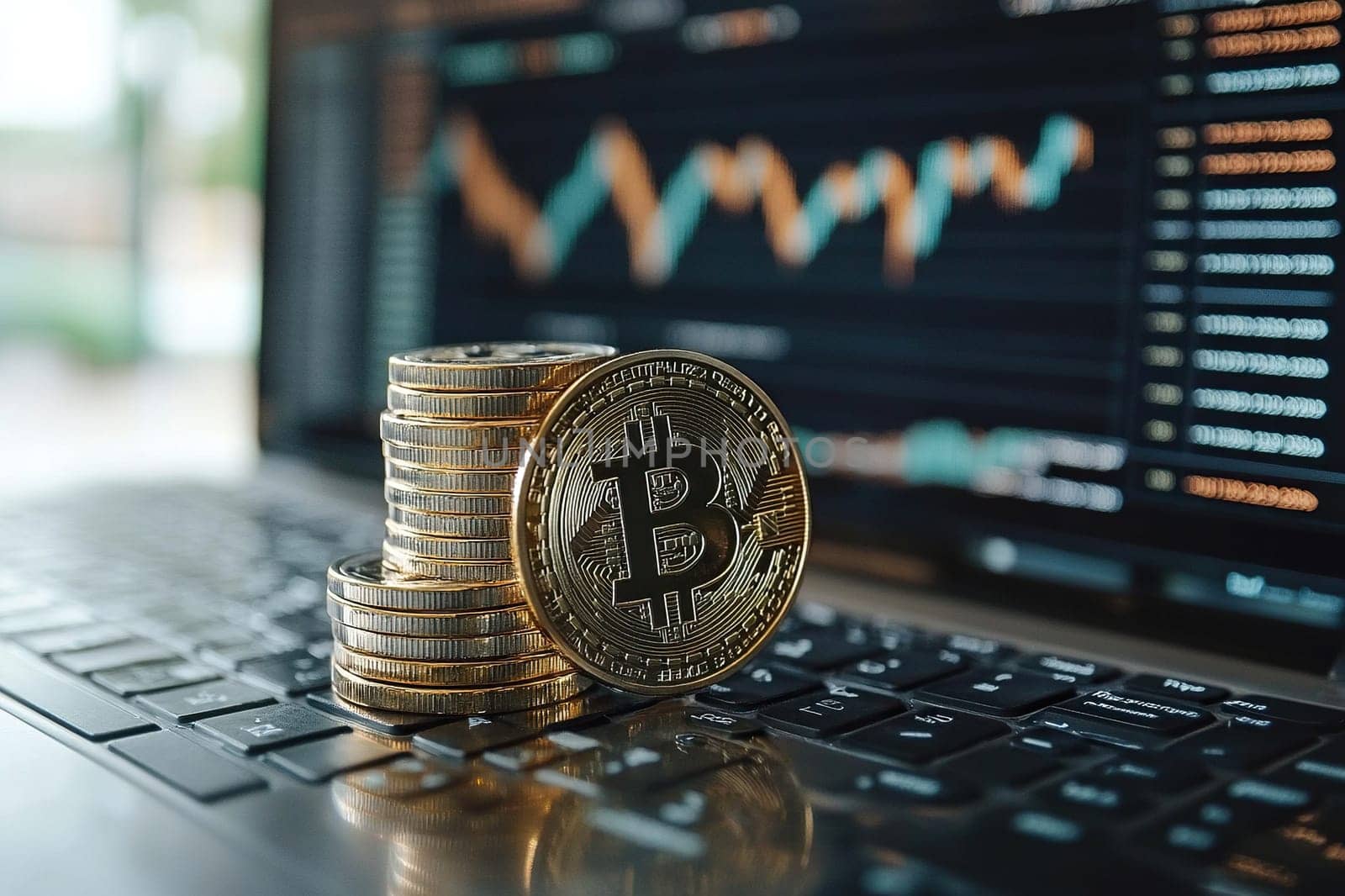 Stack of gold coins with bitcoin sign on laptop keyboard with stock market charts on screen. Stock market fluctuations, investments.