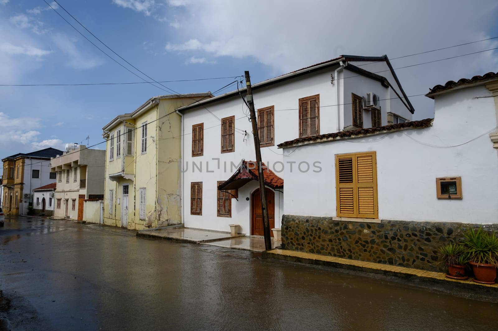 Rainy Day on Narrow Stone Street in Cyprus