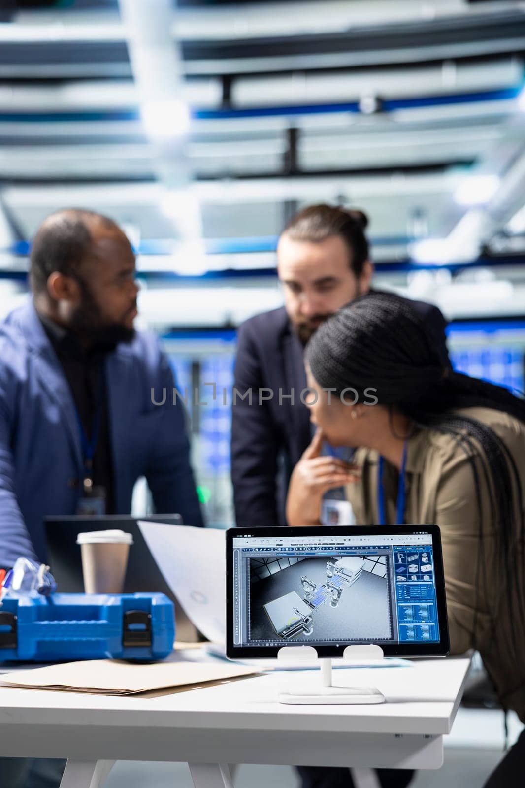 Group of industry experts and engineers analyzing solar panel systems during a production inspection, ensuring engineering accuracy, quality control and factory operations efficiency.