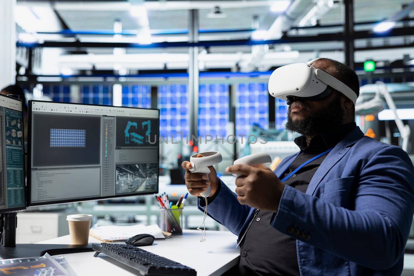 Solar panels factory engineer using VR headset to improve solar energy automation, eco friendly. Photovoltaics manufacturing plant specialist using virtual reality equipment, high tech.