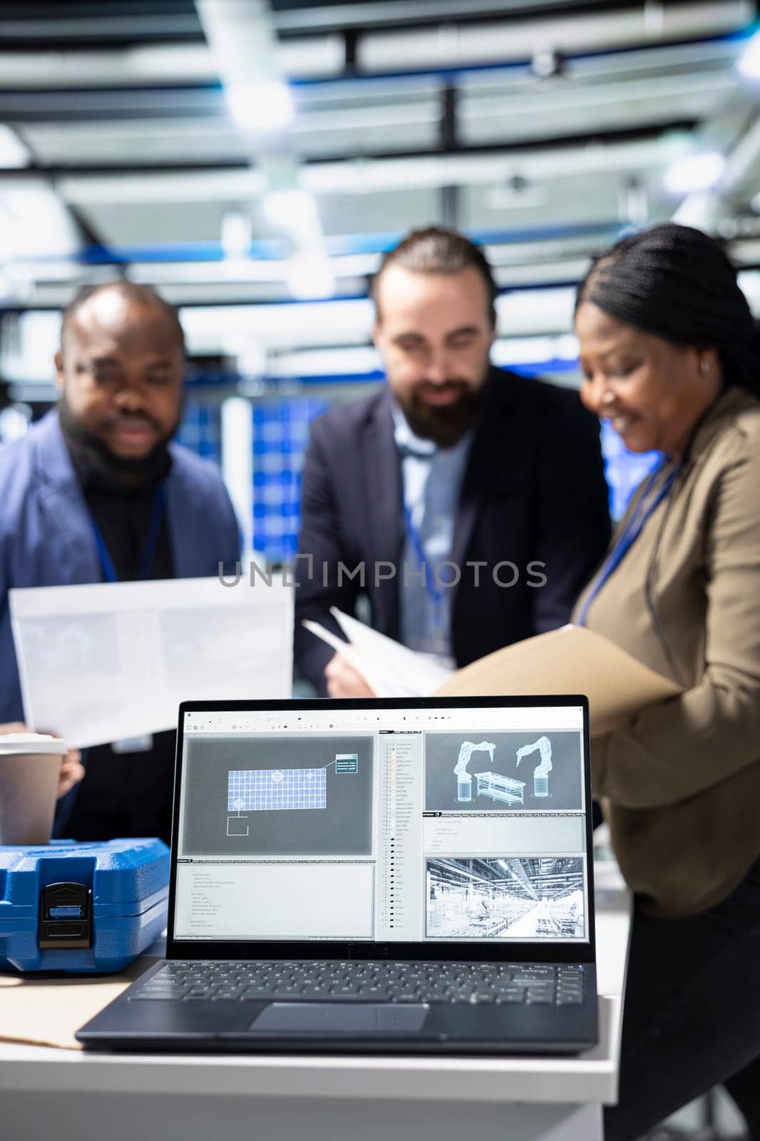 Engineers and building contractor monitoring solar panel systems as part of a collaborative inspection, ensuring green technology, sustainability and industrial standards in the production line.