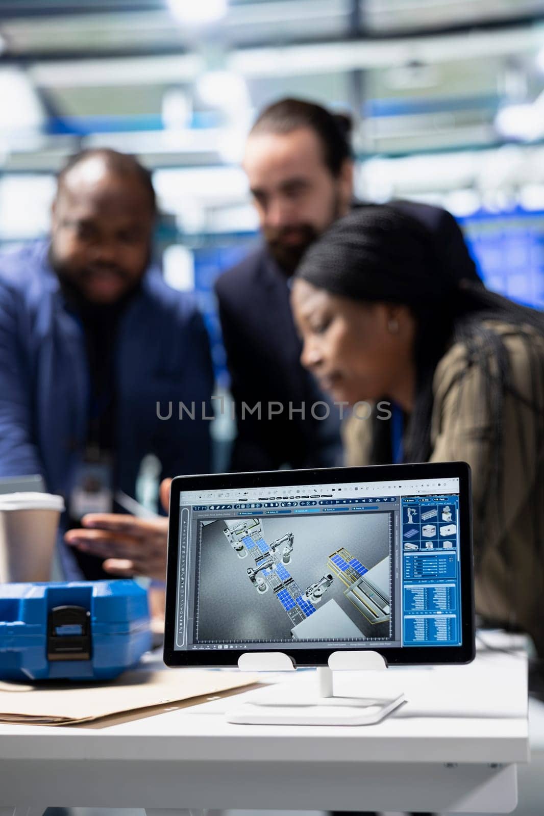Diverse group of consultants engineers conducting inspection on solar panel performance, combining corporate oversight and quality control in a clean alternative energy factory.