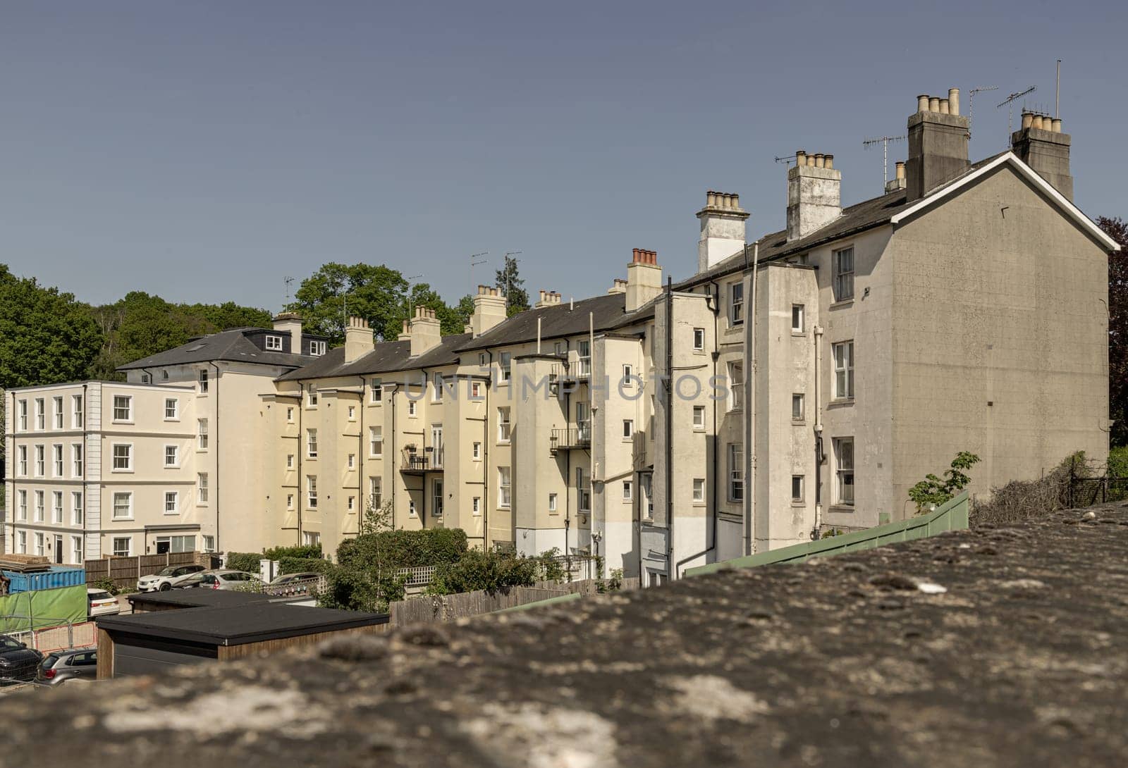 Royal Tunbridge Wells, UK - Apr 30, 2025 - Exterior view of Nevill Terrace, Tunbridge Wells, Kent, Residential architecture of apartment building in Royal Tunbridge Wells, use it as your Wallpaper, Poster and Space for text, Selective focus.
