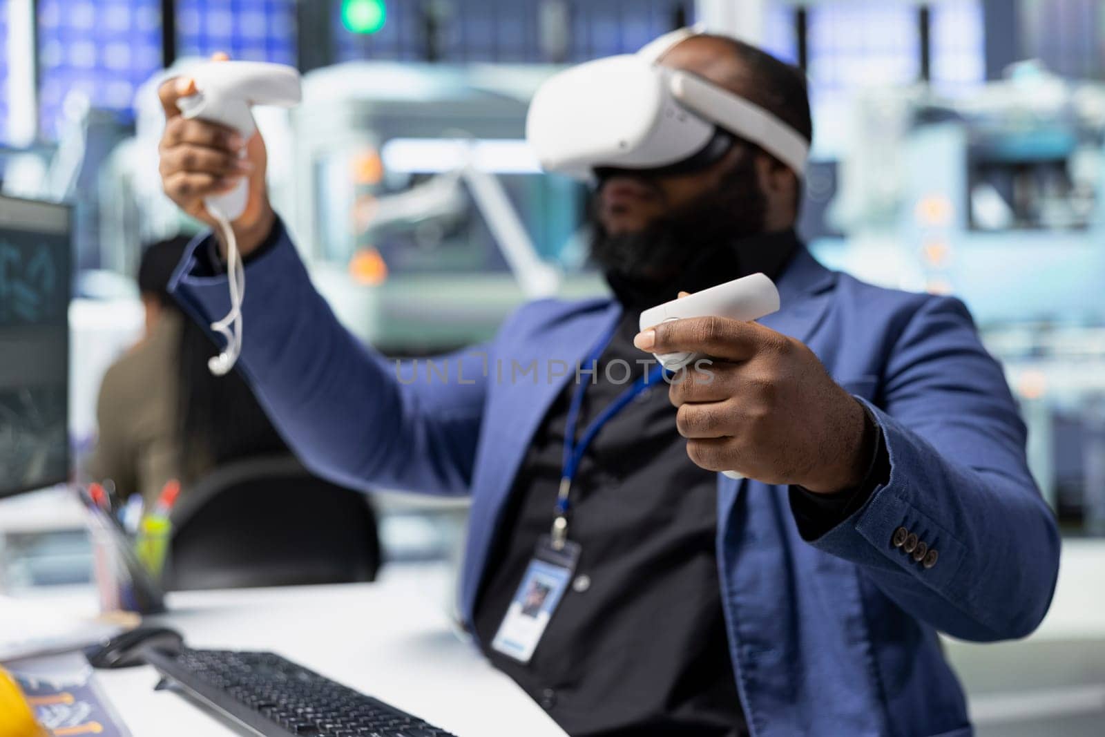 Photovoltaics factory engineer using VR tech to build models of alternative energy generators. Solar panels plant female employee building safe solar cells using virtual reality gear.