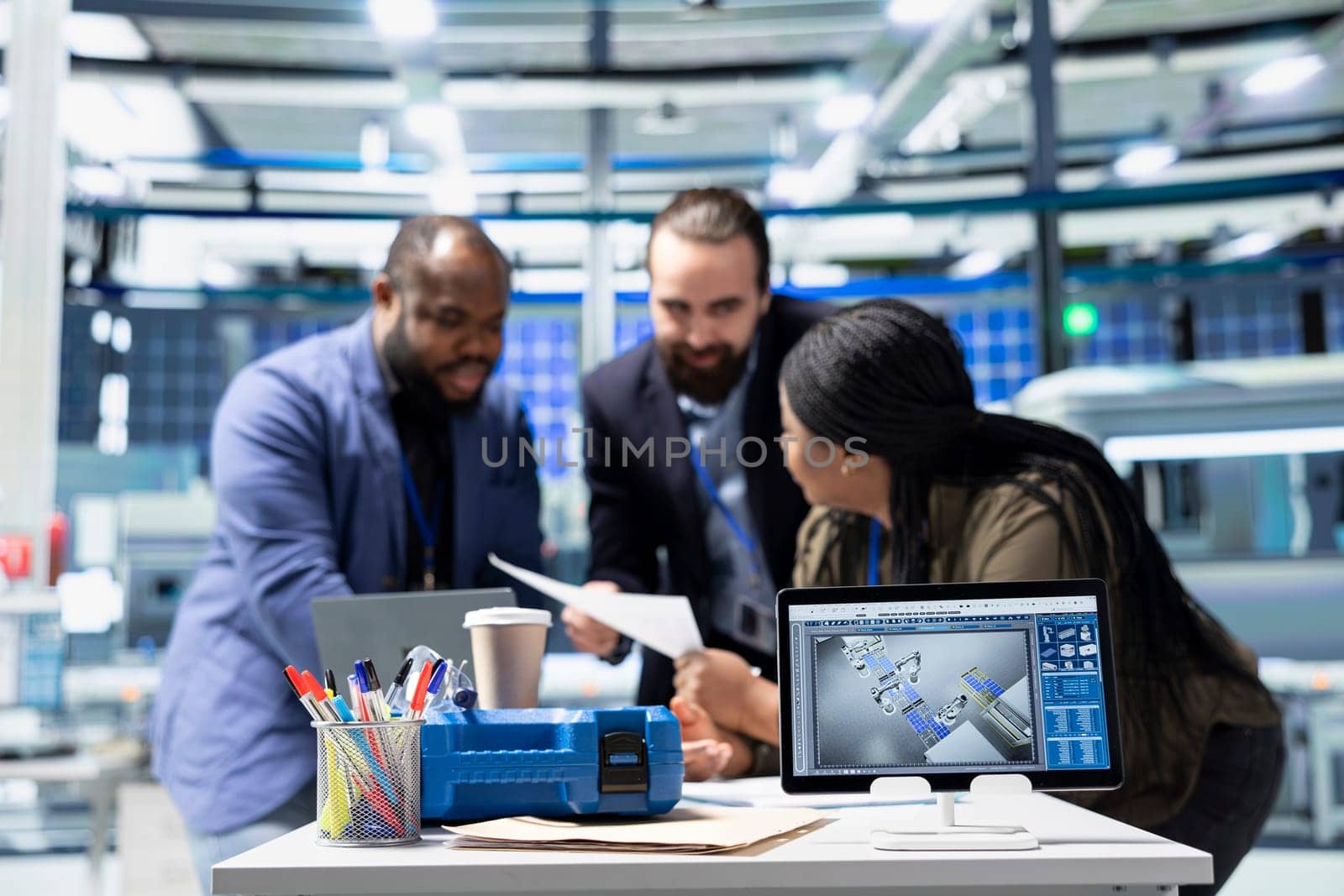 Factory supervisors diverse group engaging in briefing over production metrics, supporting industrial innovation and sustainable process improvement. Solar power manufacturing.