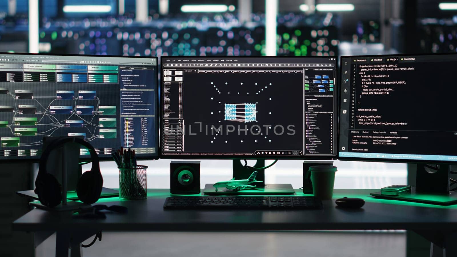 Visual programming systems in data center tracking system integrity and infrastructure performance. PC screens in server hub displaying node tree programming detecting equipment issues
