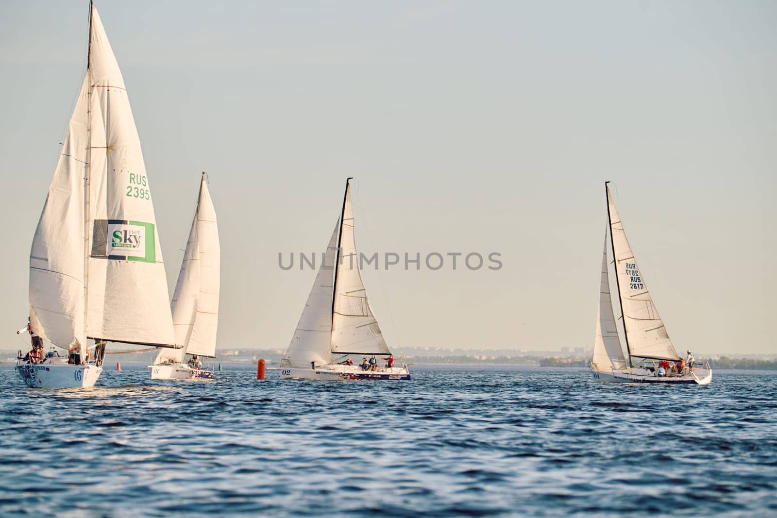 Russia, St.Petersburg, 24 May 2024: Sailing regatta in the Gulf of Finland at sunset, hot race of several yachts, teamwork, yachtsmen sitting on board the boat. High quality photo