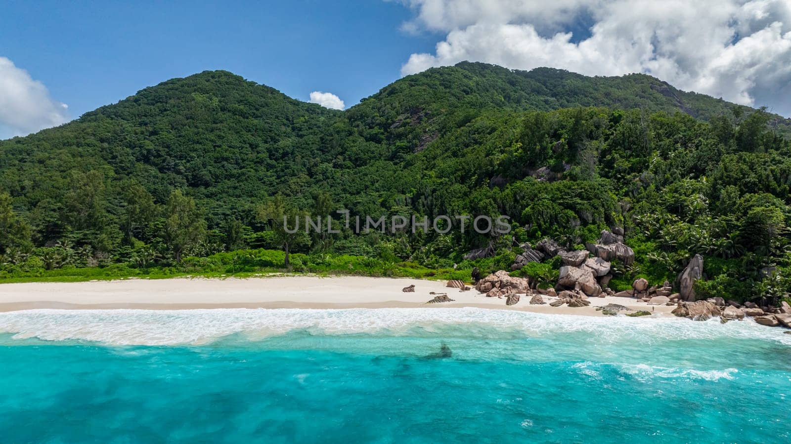 Dense green tropical forest next to a secluded beach with calm blue waters. La Digue, Seychelles.